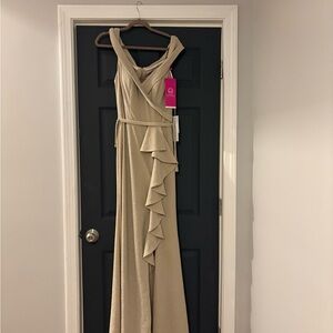 Elegant champagne shimmer off the shoulder evening dress